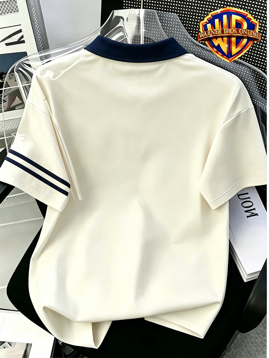 1pc, American Retro Easy Style Versatile Polo Shirt, Preppy Casual Couple Short Sleeve Top, Summer Daily Outing, Campus Wear, Student Couple Choice - Unisex - Navy Color