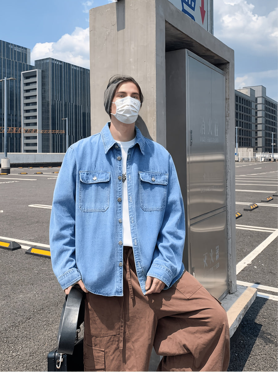 Men'S Loose Fit Lazy Style Denim Shirt, 4 Colors Plus Size Solid Jacket - Sky Blue