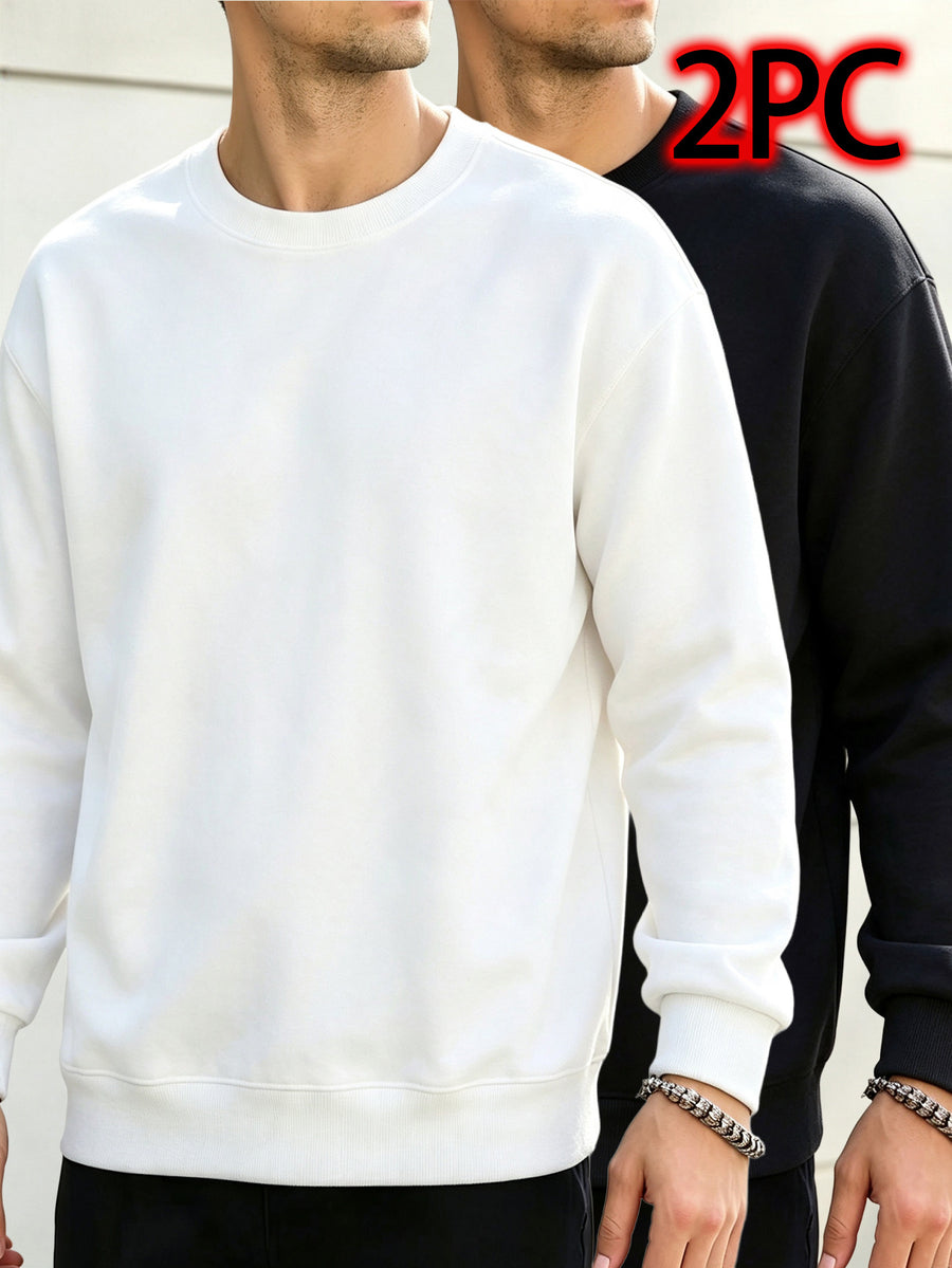 2pcs Men'S Spring Autumn Fashion Round Neck Sweatshirts - Knit Long Sleeve, Blend with Slight Stretch, Ideal for Studio And Outdoor Casual Running, True Color Pullover, Perfect Gift - Black+White