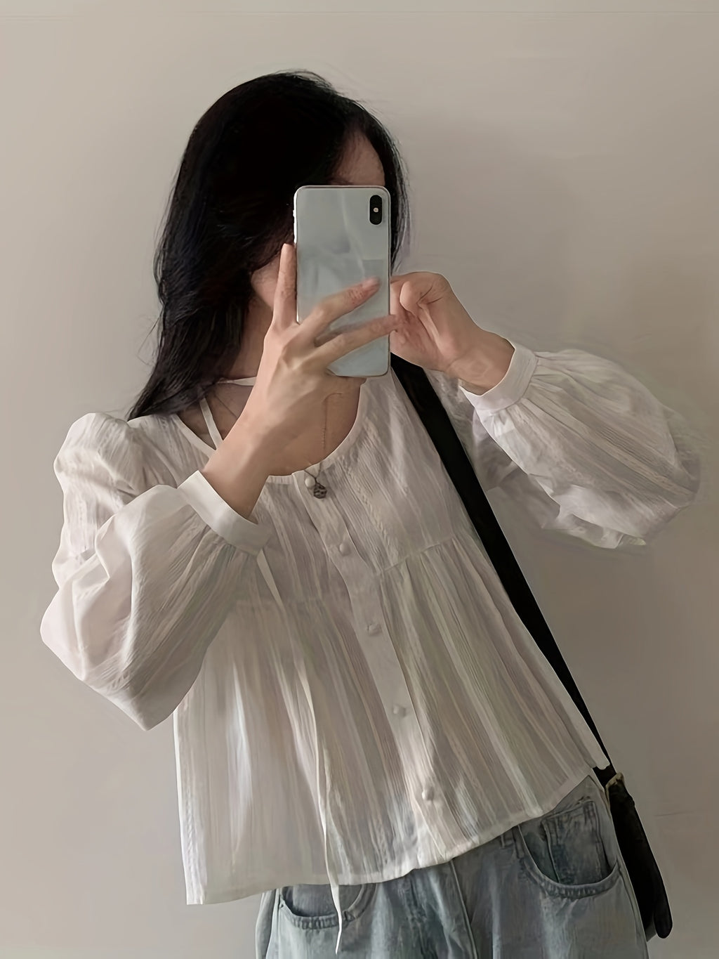 Women's Casual Spring/Summer Vintage Round Neck Loose Bubble Sleeve Long Sleeve Shirt Top - White