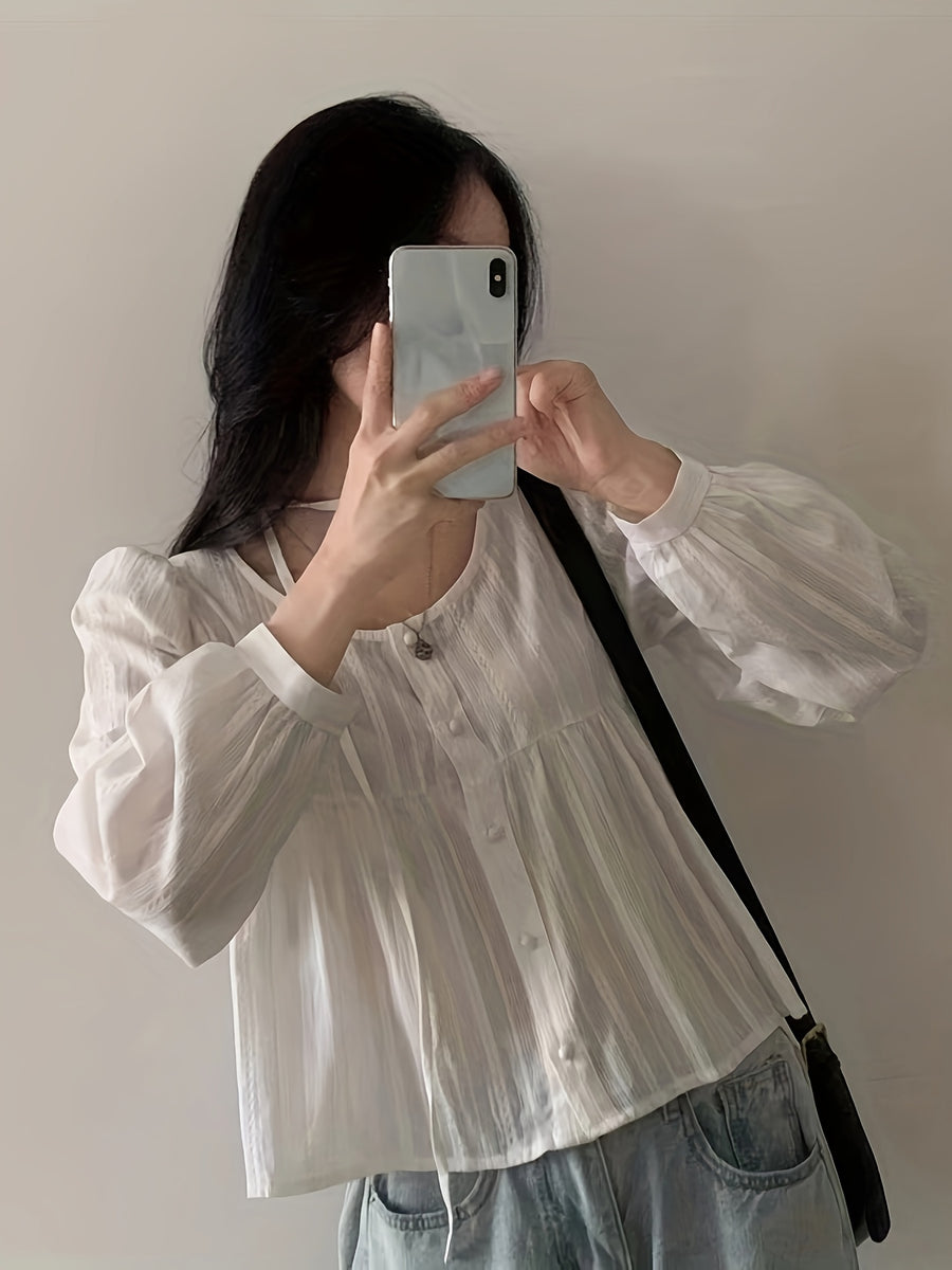 Women's Casual Spring/Summer Vintage Round Neck Loose Bubble Sleeve Long Sleeve Shirt Top - White