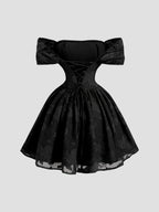 Off-shoulder Printed Flared Dress, Floral Off-shoulder Short Dress, Off-shoulder Slim-fit Printed Dress, Evening Wear, Bridesmaid Dress, Holiday Party, Fashionable and Elegant, Dignified and Graceful - Black