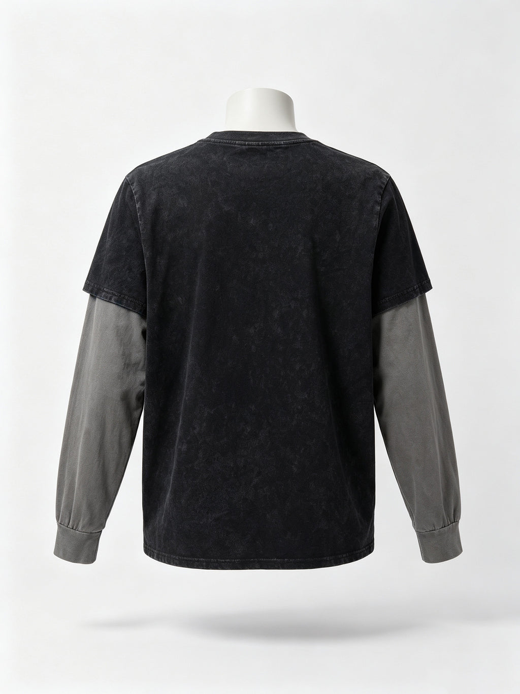 Men'S Faux Two-Piece Long Sleeve T-Shirt, Vintage Washed Easy Design Statement Print Contrast Gray Sleeve Top, American Street Loose Casual Long Sleeve T-Shirt - Black