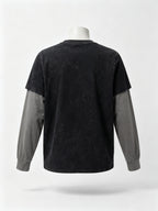Men'S Faux Two-Piece Long Sleeve T-Shirt, Vintage Washed Easy Design Statement Print Contrast Gray Sleeve Top, American Street Loose Casual Long Sleeve T-Shirt - Black
