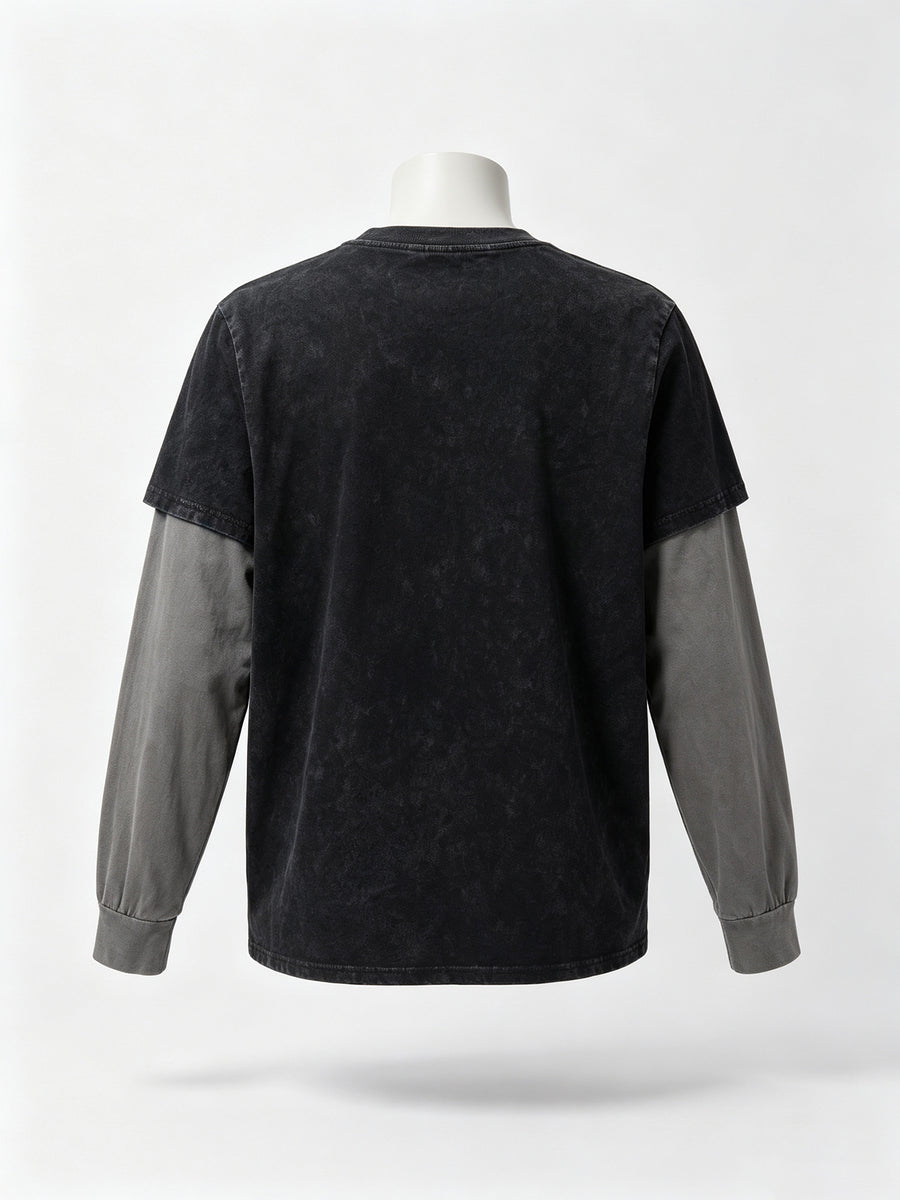 Men'S Faux Two-Piece Long Sleeve T-Shirt, Vintage Washed Easy Design Statement Print Contrast Gray Sleeve Top, American Street Loose Casual Long Sleeve T-Shirt - Black
