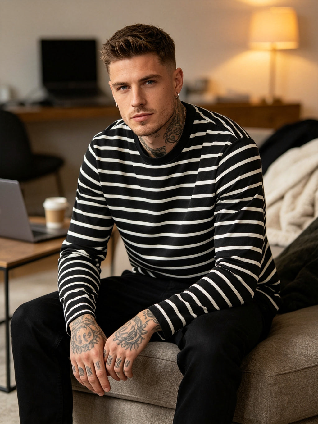 [Printed Design-NotTextured]Men's Autumn Long Sleeve T Shirt, Classic Black Base White Horizontal Stripe Print Street Minimalist Trendy Casual Top for Multi Occasions - Mixed colors