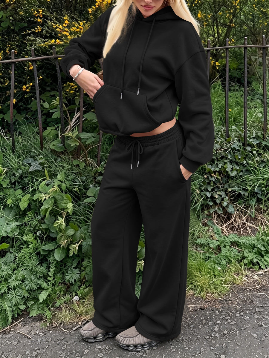 Halloween 2027NEW 2pcs Women's AutumnWinter Hooded Sweatshirt And Wide-Leg Pants Suit Kangaroo Pocket Long-Sleeve Jacket Wide-Leg Pants Suit Casual S Loose Suit Christmas Black Friday Cyber (27) - Black