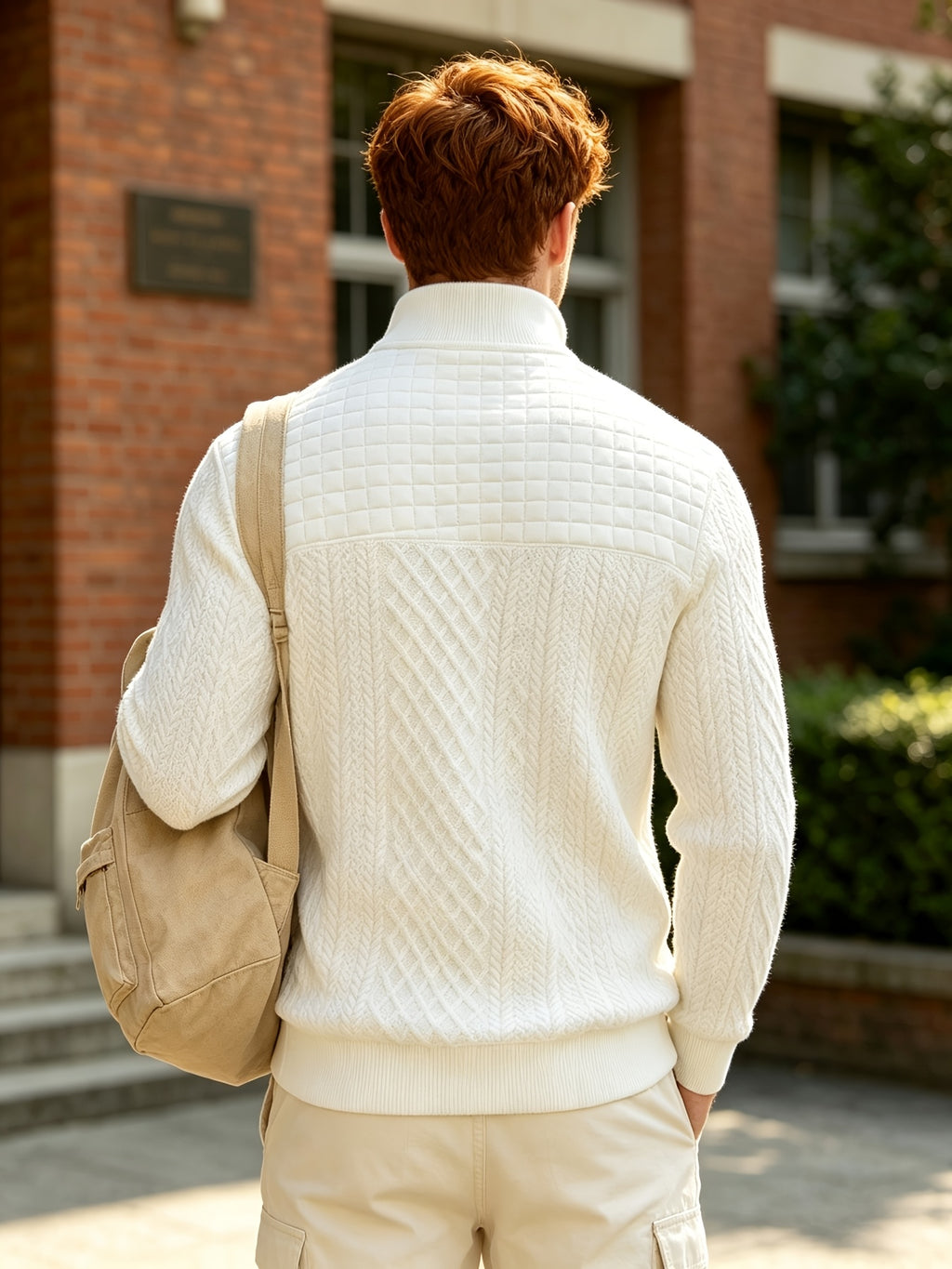 [Josh Mei OBM] Preppy Casual Style Men'S Jacquard Texture Henley Collar Long Sleeve Pullover, Diamond Check Patchwork Design with Ribbed Cuffs And Hem, Stretchy Skin-Friendly Slim Fit Fall Winter Versatile Style - White