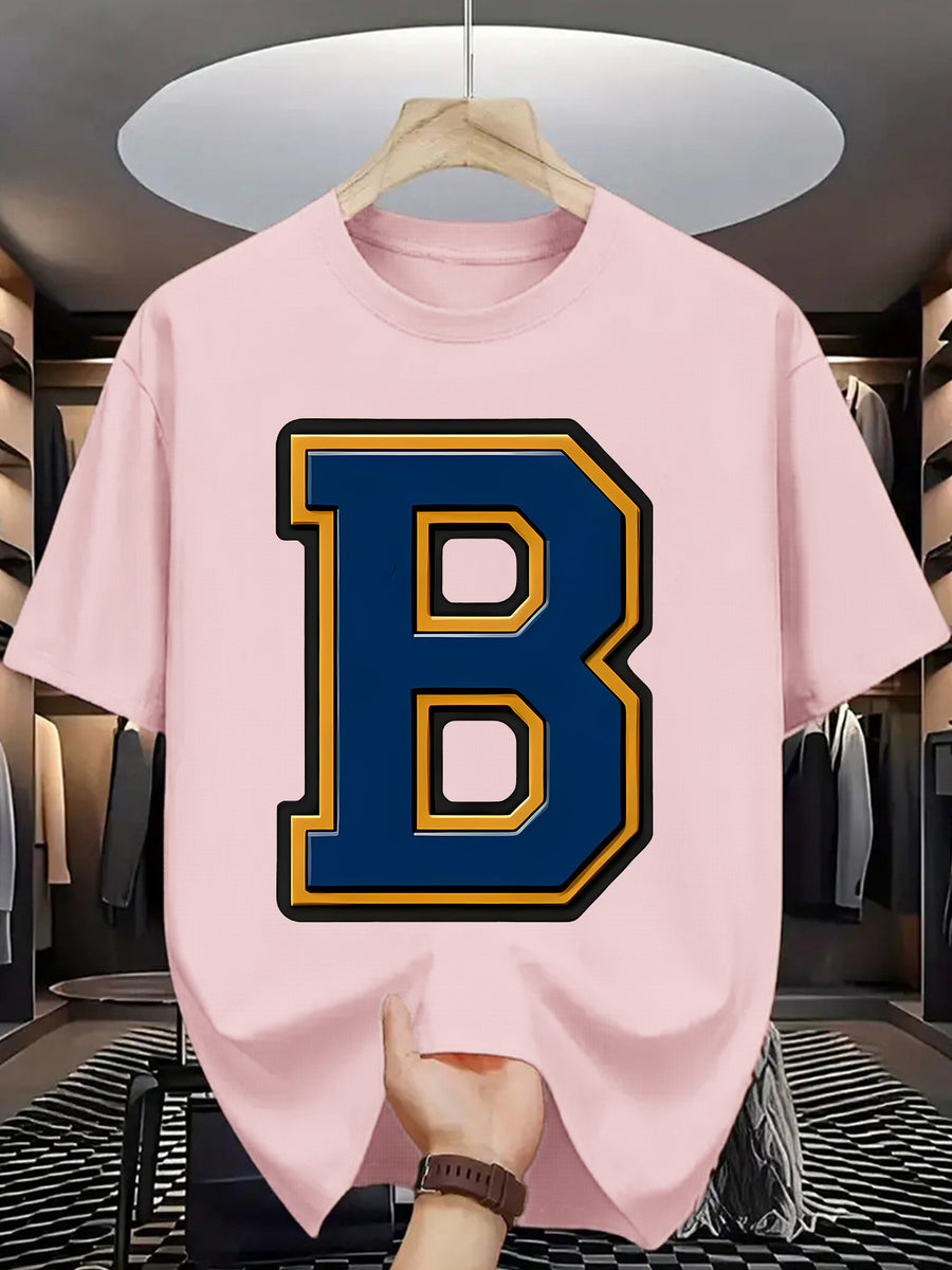 Men'S Summer Casual T-Shirt with Bold "B" Letter Print - Lightweight Polyester, Round Neck, Short Sleeve, Regular Fit, Perfect for Casual Attire, Everyday Tshirt | Trendy Casualwear | Durable Fabric - Pink Color