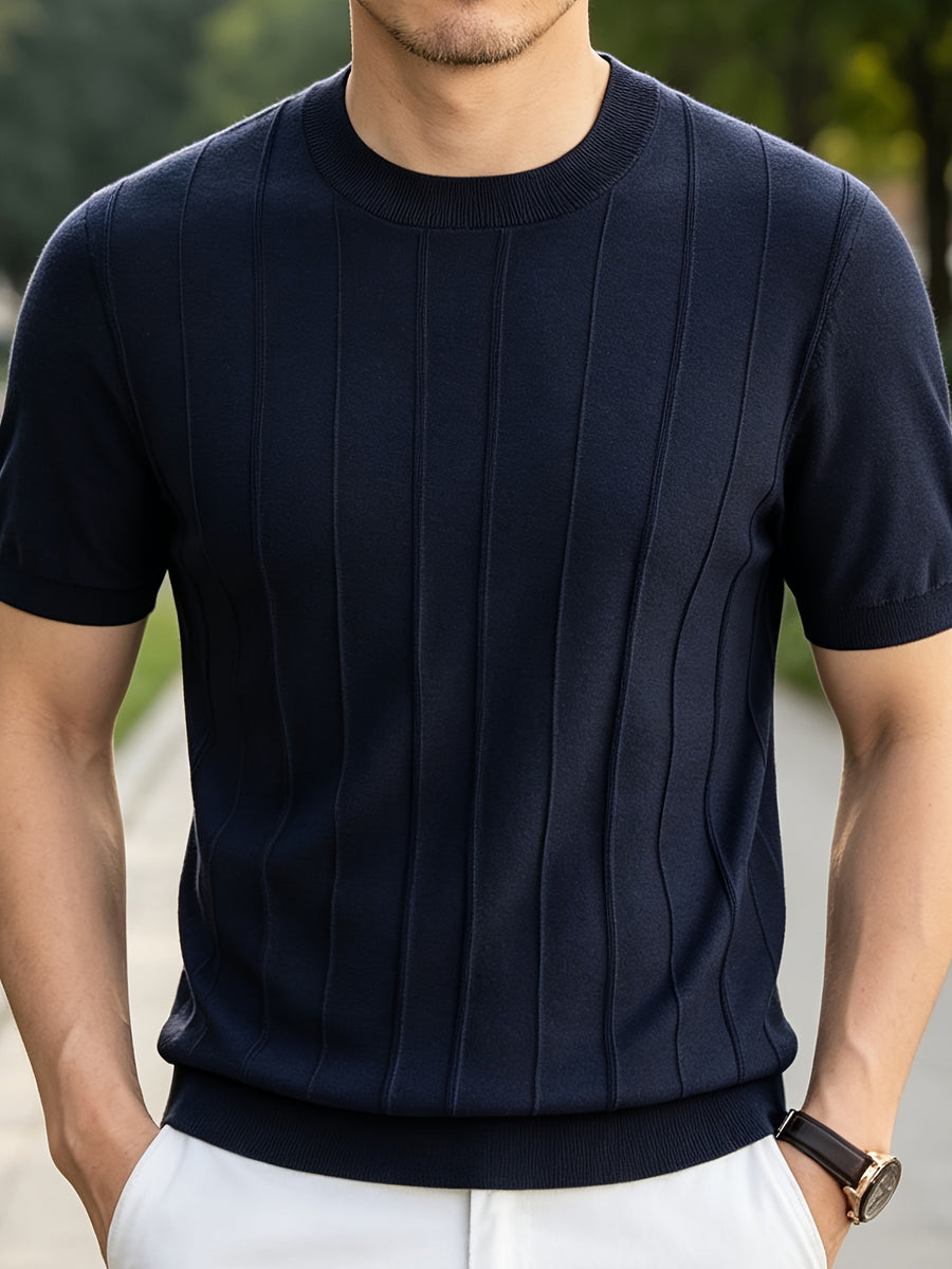 2026 Summer New Laysier And Linen Men'S Textured Vertical Pock-Dot Knit Short Sleeve Light Business Gentleman All-Match Round Neck Solid Color Casual T-Shirt - Navy Color