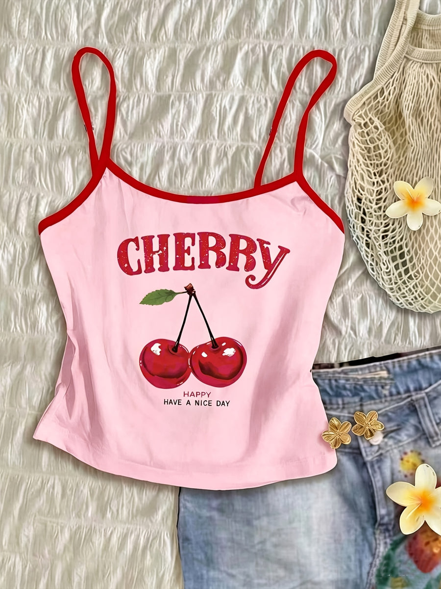 Women'S Tight Fruit Print Casual Camisole Tank Top, Summer Cami Top, Casual Vest, Vacation Vest, Casual Daily, Commute, Vacation Style, New Summer Styles - Pink