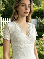 V-neck Lace Short-sleeve Bodysuit, Exquisite Floral Cut-out Lace, Slim-fitting and Figure-flattering, Elegant Women's Commuting Base Layer Top - White
