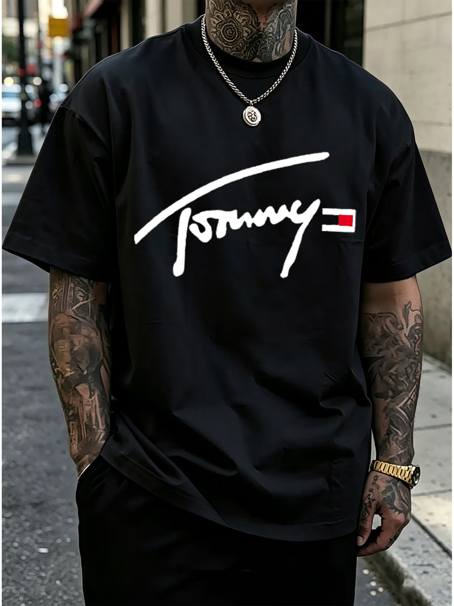 Tommy Handwritten Signature with Block Logo Print Crew Neck Short Sleeve Men's American Streetwear Casual Half-Sleeve Top - Black