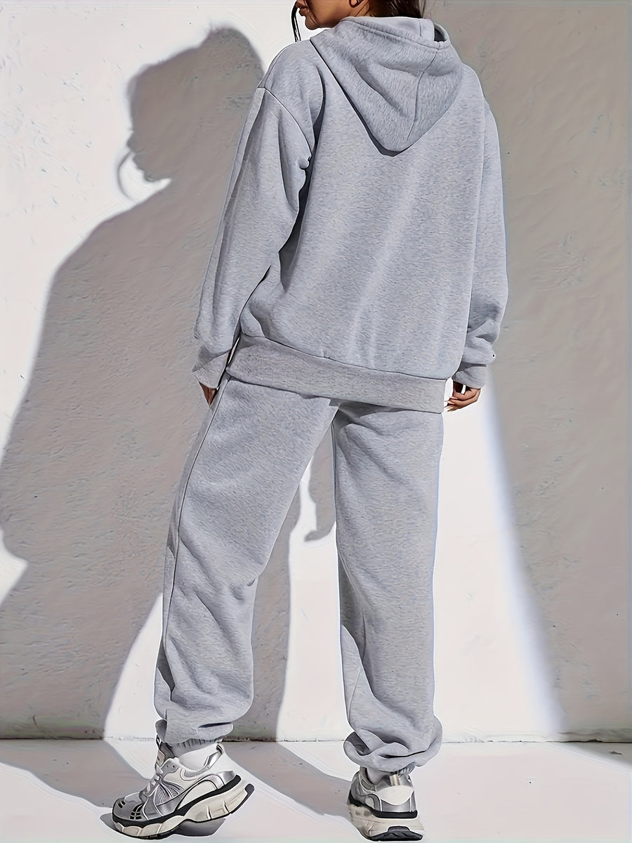 Toy Bear Pattern Print, Women'S Casual Hooded Drawstring Two-Piece Set - Light Grey