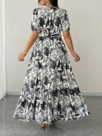 Plus Size - Elegant V-Neck Printed Tie Short-Sleeved Flared Long Dress, Fashionable Design, Plus-Size Long Dress for Spring, Summer And Autumn, Plus-Size Vacation Dress - Black