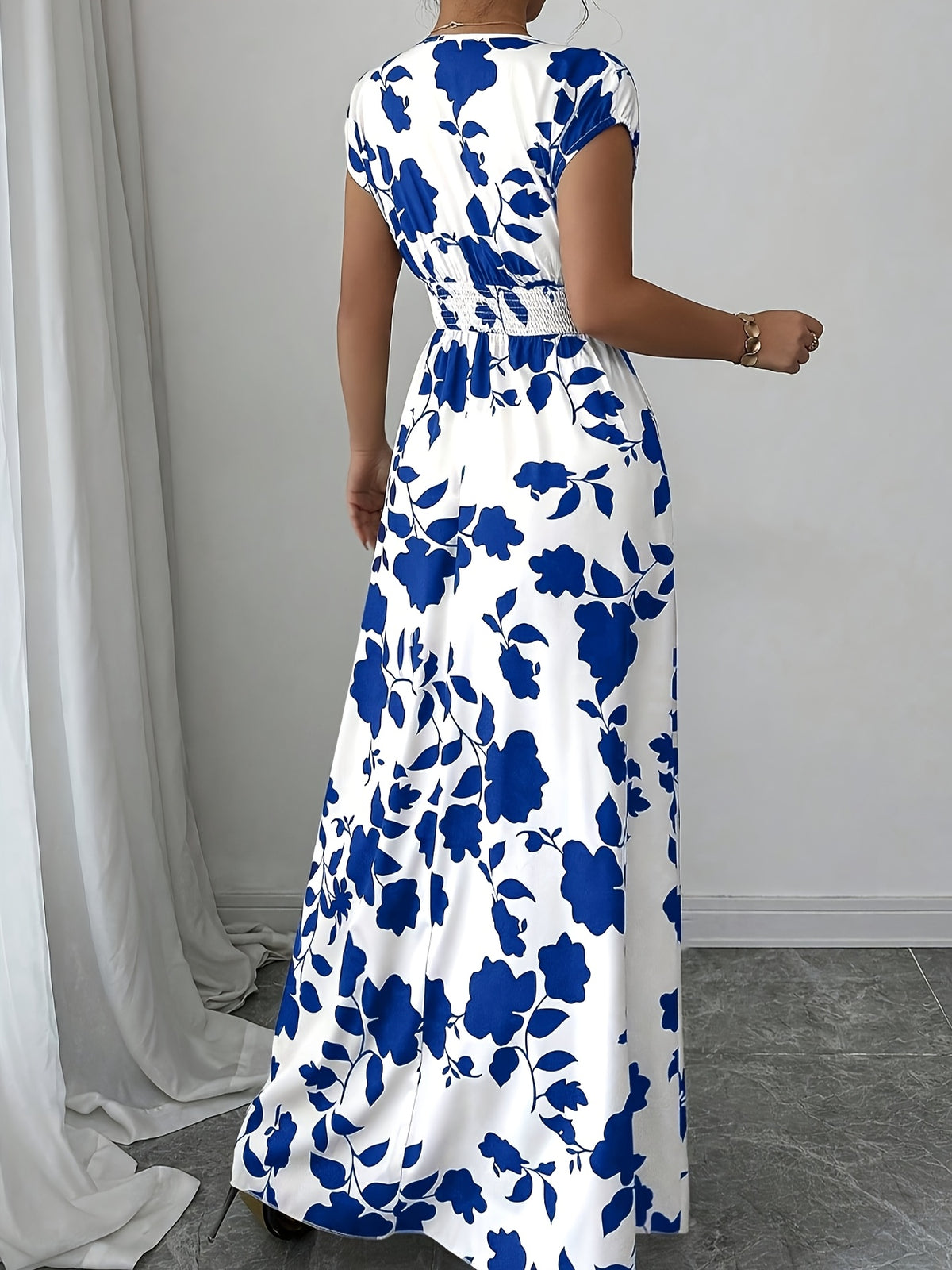Elegant Pink Floral Maxi Dress with V-Neck and Short Sleeves - Flowing A-Line Silhouette, Cinched Waist, Perfect for Spring/Fall, Casual to Formal Wear, Casual Elegant Wear | Floral Print Dress | Cinched Waist Design - Blue And White