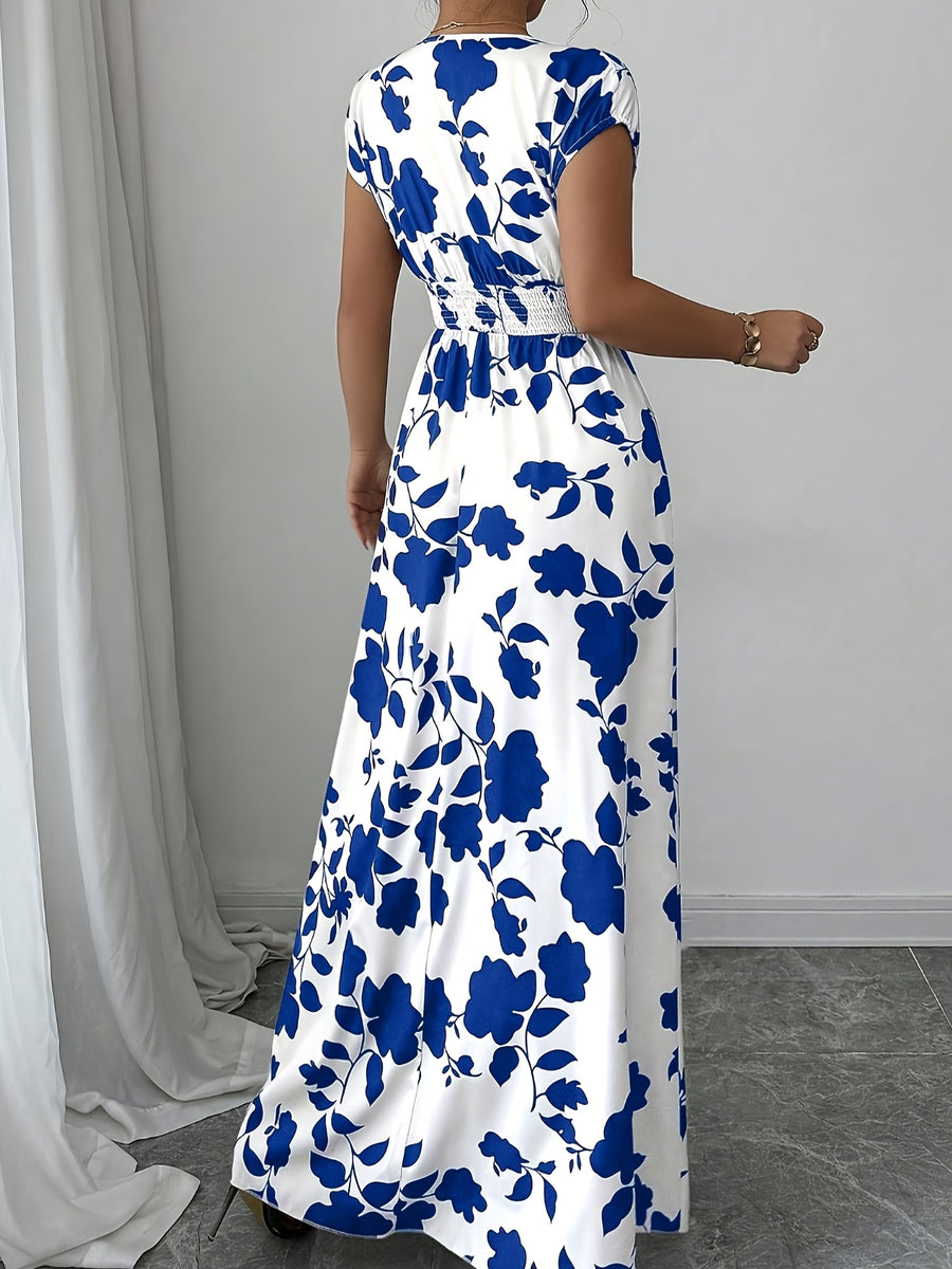 Elegant Pink Floral Maxi Dress with V-Neck and Short Sleeves - Flowing A-Line Silhouette, Cinched Waist, Perfect for Spring/Fall, Casual to Formal Wear, Casual Elegant Wear | Floral Print Dress | Cinched Waist Design - Blue And White