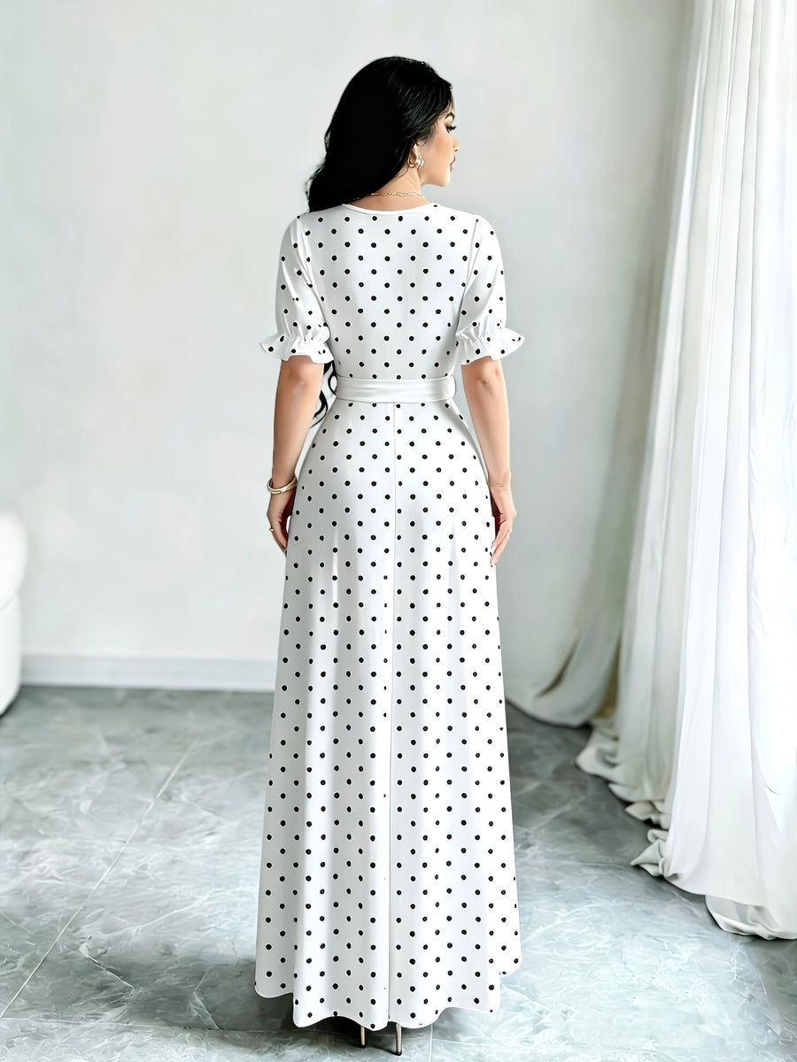 Elegant Summer Dress, Polka Dot Print Dress, Women's Fashion Round Neck Short Puff Sleeve Dress with Belted Waist, Long Dress ASD1 - White