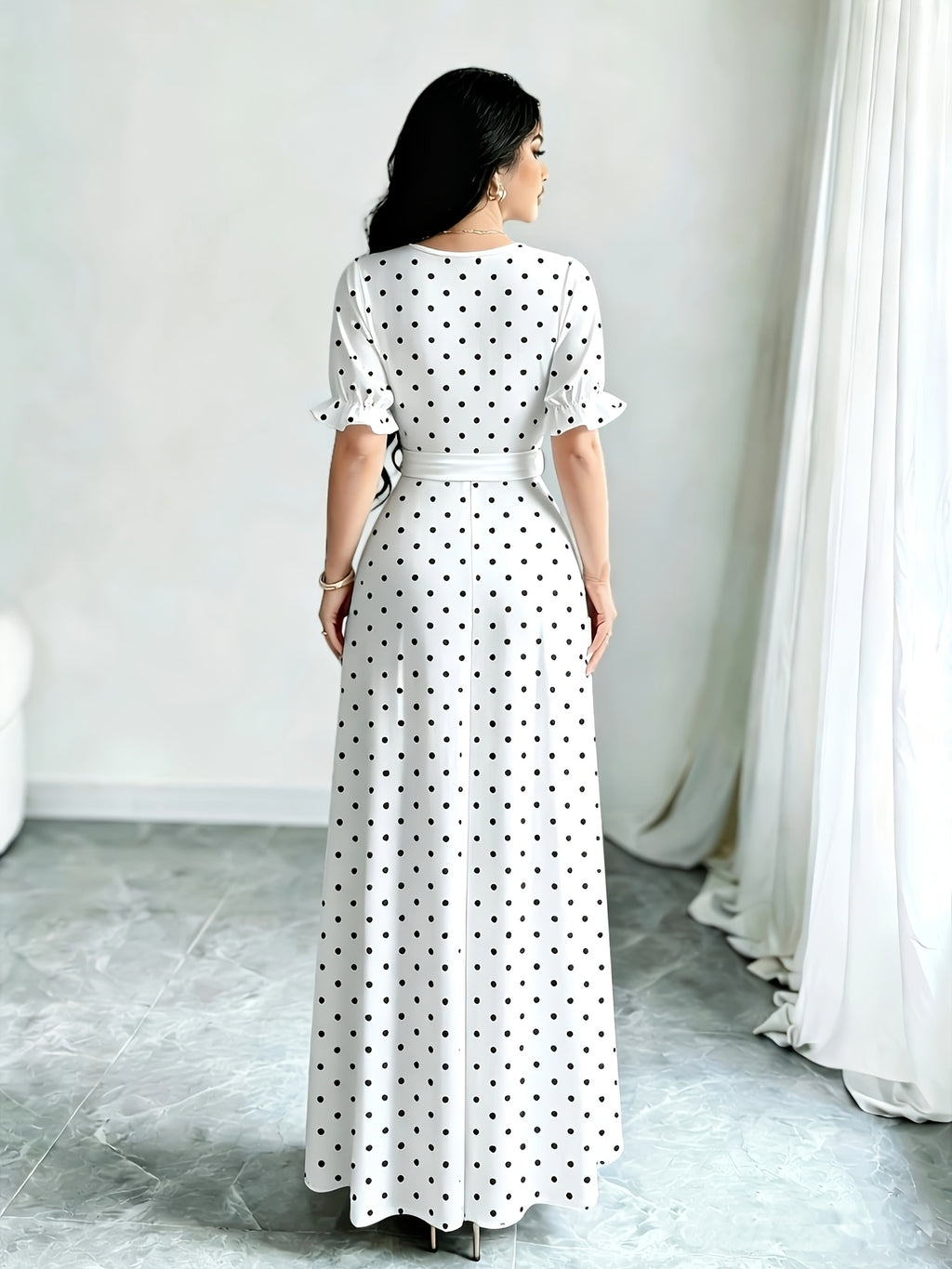 Elegant Summer Dress, Polka Dot Print Dress, Women's Fashion Round Neck Short Puff Sleeve Dress with Belted Waist, Long Dress ASD1 - White