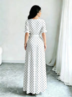 Elegant Summer Dress, Polka Dot Print Dress, Women's Fashion Round Neck Short Puff Sleeve Dress with Belted Waist, Long Dress ASD1 - White