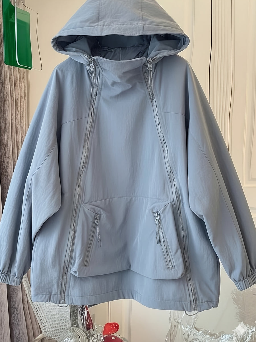 Women'S Cape-Style Hooded Coat, Long Sleeve, with Drawstring, Double Zipper Detail, And Pockets - Grey
