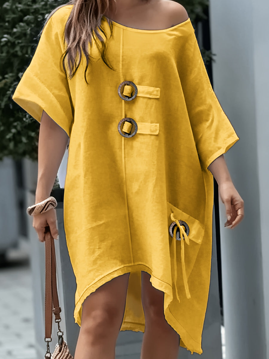 Plus Size - Women'S Dress, Plus Size Dress, Nomadic Style, One-Shoulder Dress, Coconut Button, Asymmetric Tie, High-Low Hem, Fringe Dress, Frayed Hem, -Like, Vacation Dress, Casual Dress, Boho Dress, Long Maxi Dress - ginger