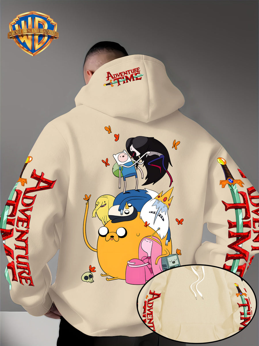 Warner Bros. Men's Adventure Time Full Cast Themed Trendy Fashion Pullover Hoodie with Family Portrait Character Print - Apricot