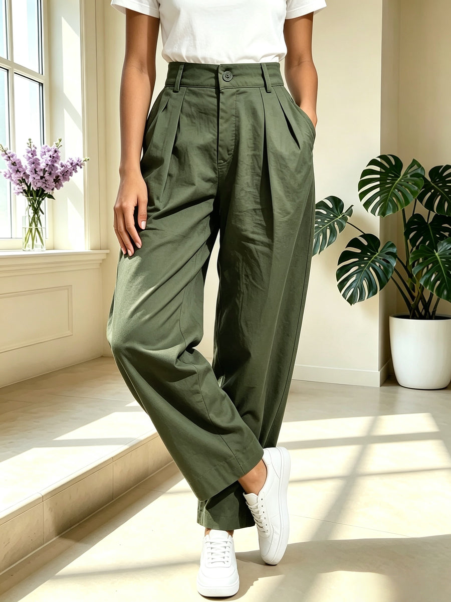 BK260320219 Vintage High-Waist Loose Casual Trousers Women'S Casual Commute Daily Wear, Side-Pocket Solid-Color Long Pants, High-Waist Soft Fabric Casual Trousers - Solid-Color Versatile Loose Pants - Summer Women'S Clothing - Olive Green
