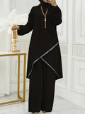 720-Spring And Summer Muslim Two-Piece Round Neck Sequined Long Sleeve Shirt Wide Leg Pants Casual Set - Black