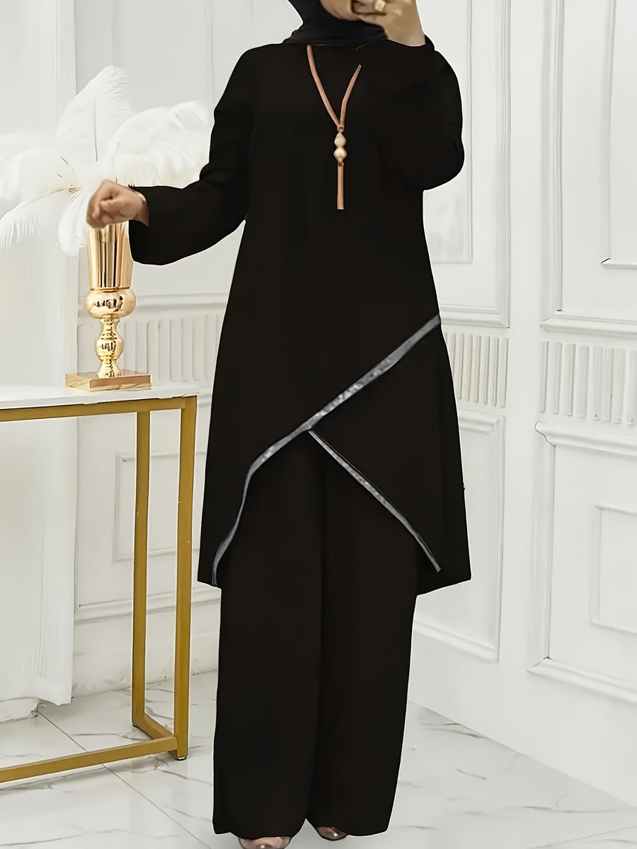 720-Spring And Summer Muslim Two-Piece Round Neck Sequined Long Sleeve Shirt Wide Leg Pants Casual Set - Black