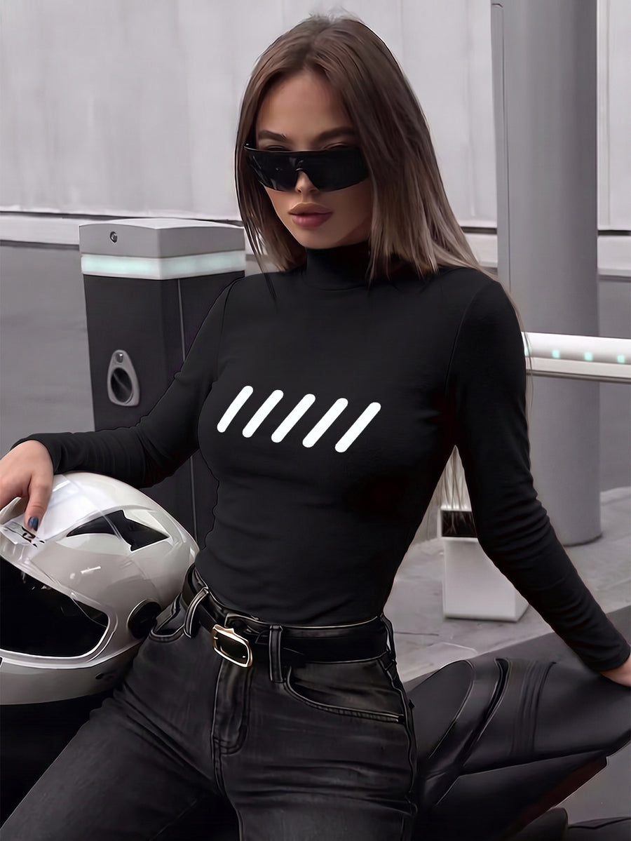 Women's New Autumn/Winter Half-Turtleneck Slim-Fit Top, Can Be Worn as an Inner or Outer Layer, Stretchy Fabric, Soft, Skin-Friendly, and Warm, Simple Waist-Cinching Fit, Versatile for Daily Wear, "White Stripes Pattern Design - Black
