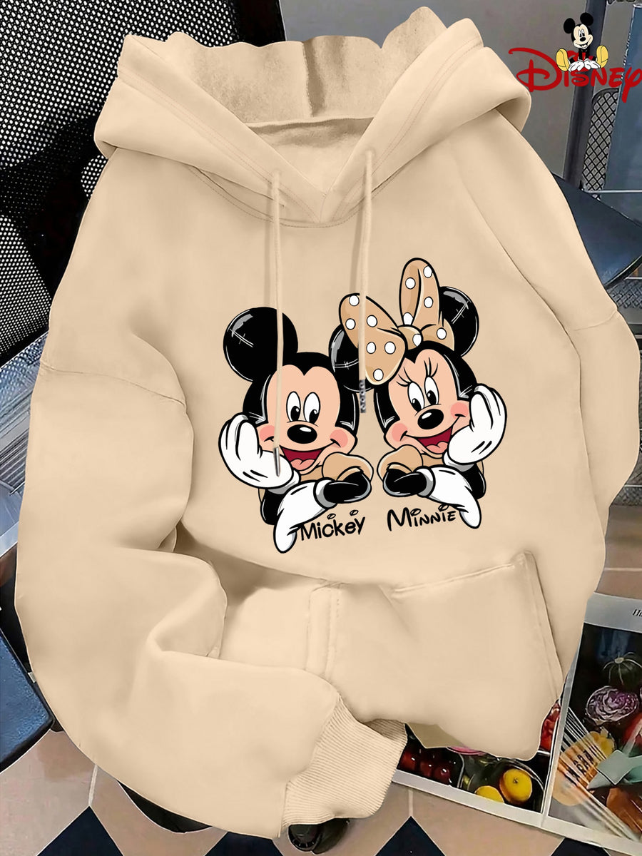 Cute Style Mickey Minnie Face Print Japanese Hooded Sweatshirt, Casual Comfortable Kangaroo Pocket Pullover Top - Apricot
