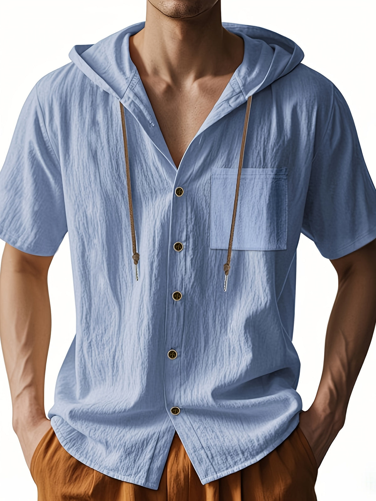 Men's Short Sleeve Hooded Shirt, Casual Button Hoodie Top with Chest Pocket, Lightweight Breathable Summer Shirt for Beach Vacation, Travel, Resort Wear, Outdoor Leisure, Streetwear Style and Daily Casual Outfit - Sky Blue