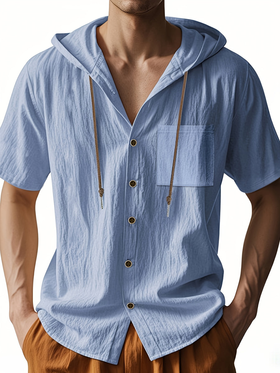 Men's Short Sleeve Hooded Shirt, Casual Button Hoodie Top with Chest Pocket, Lightweight Breathable Summer Shirt for Beach Vacation, Travel, Resort Wear, Outdoor Leisure, Streetwear Style and Daily Casual Outfit - Sky Blue