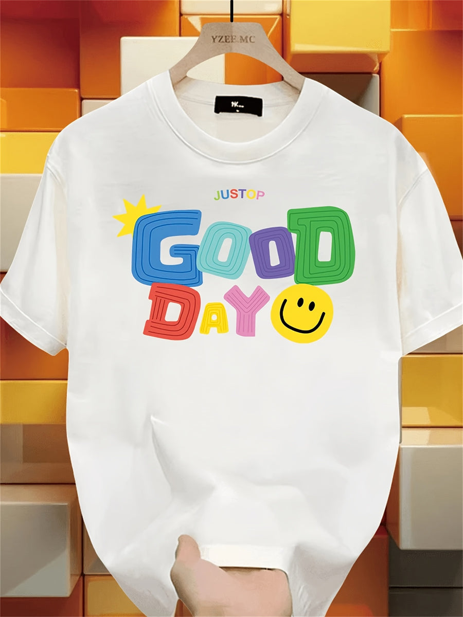Men's Heavyweight 100% Polyester T-Shirt - Summer Short Sleeve Round Neck Casual Top, Printed with "Good Day" Design and Happy Joyful Face - Korean-Japanese Street Style, Valentine's Day and Father's Day Gift - White