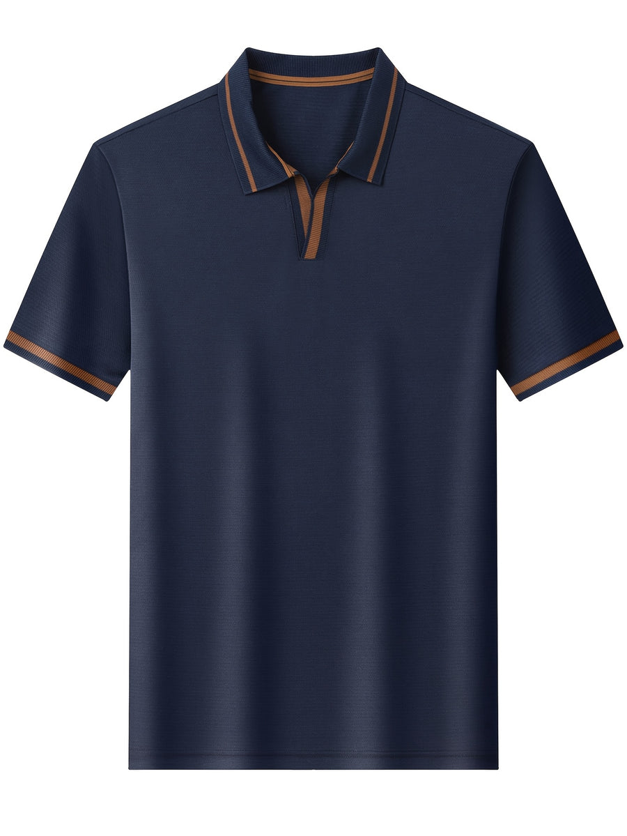 Men's Lapel Button- Polo Shirt, Summer Breathable T-Shirt, Men's Sport Top, Commuting Office / Weekend Casual / Golf, Tennis Top Dual-Wear T-Shirt - Navy Color