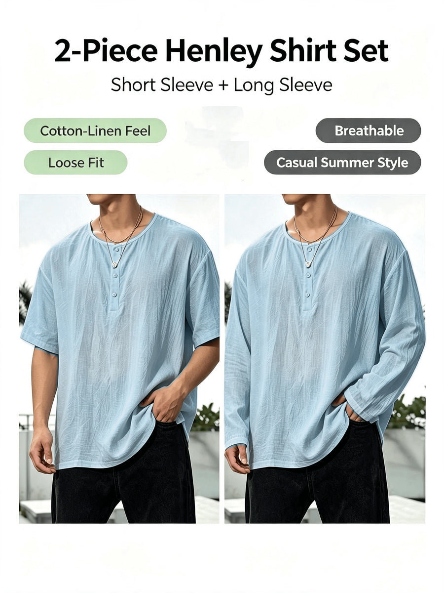 2pcs Men'S Linen Henley Shirt Set, Short Sleeve And Long Sleeve 2pcs Combination, Loose Breathable Vacation Style Casual Top - Sky Blue
