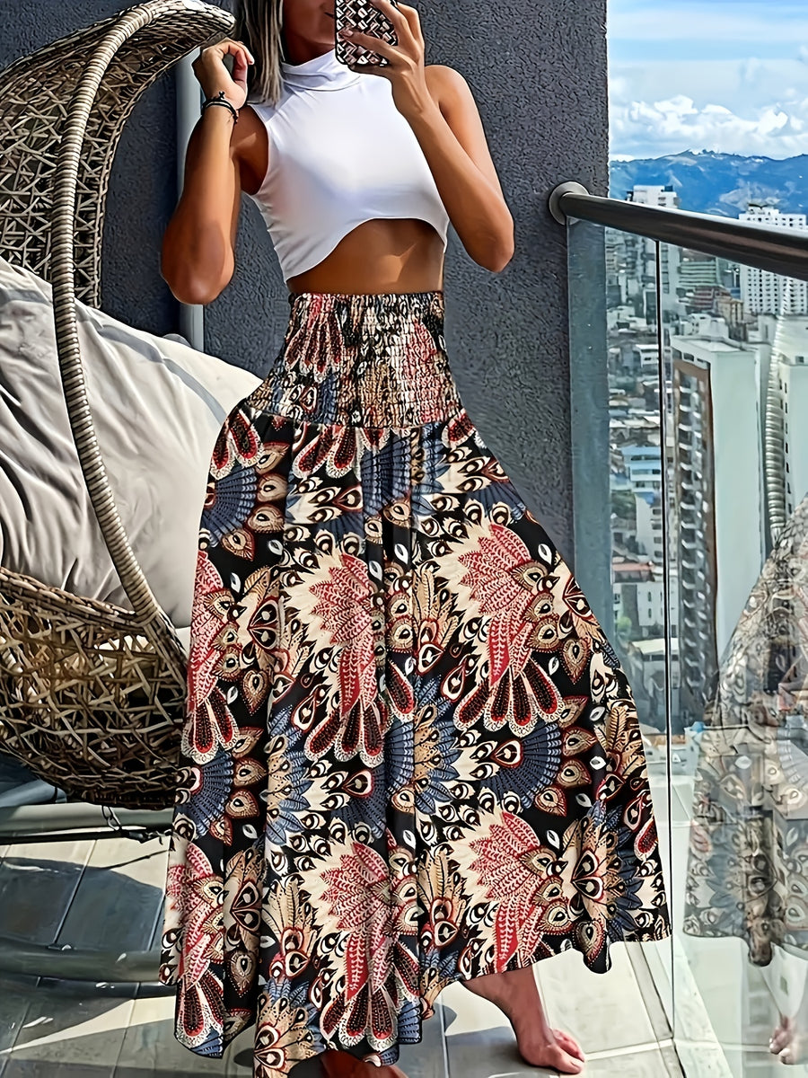 Women's Bohemian Print Pleated Waist Skort - Black Flowers