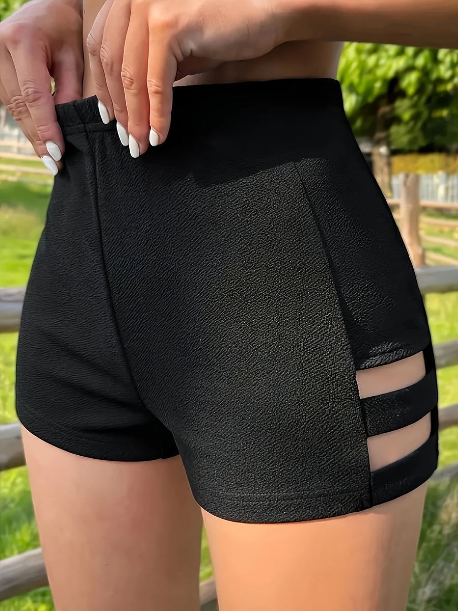 Women'S Solid Color Hollow High-Waist Shorts - Non-Sheer, All-Season Elegant Casual Wear, Suitable for Daily Wear, Office Commute, Home, Dates, Parties, Formal Attire | Fashion Women'S Mid-Length Shorts | Minimalist Style Trousers, Machine Washable - Black