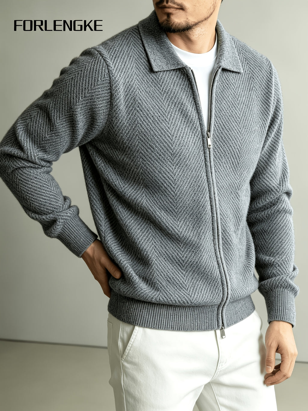 FORLENGKE Autumn Winter Men'S Lapel Zipper Knit Jacket, 3D Jacquard Textured Heavy Sweater Cardigan, Soft Skin-Friendly Thick Warm Long-Sleeve Top, Casual Commute Trendy Outerwear for Middle-Aged Men - Grey