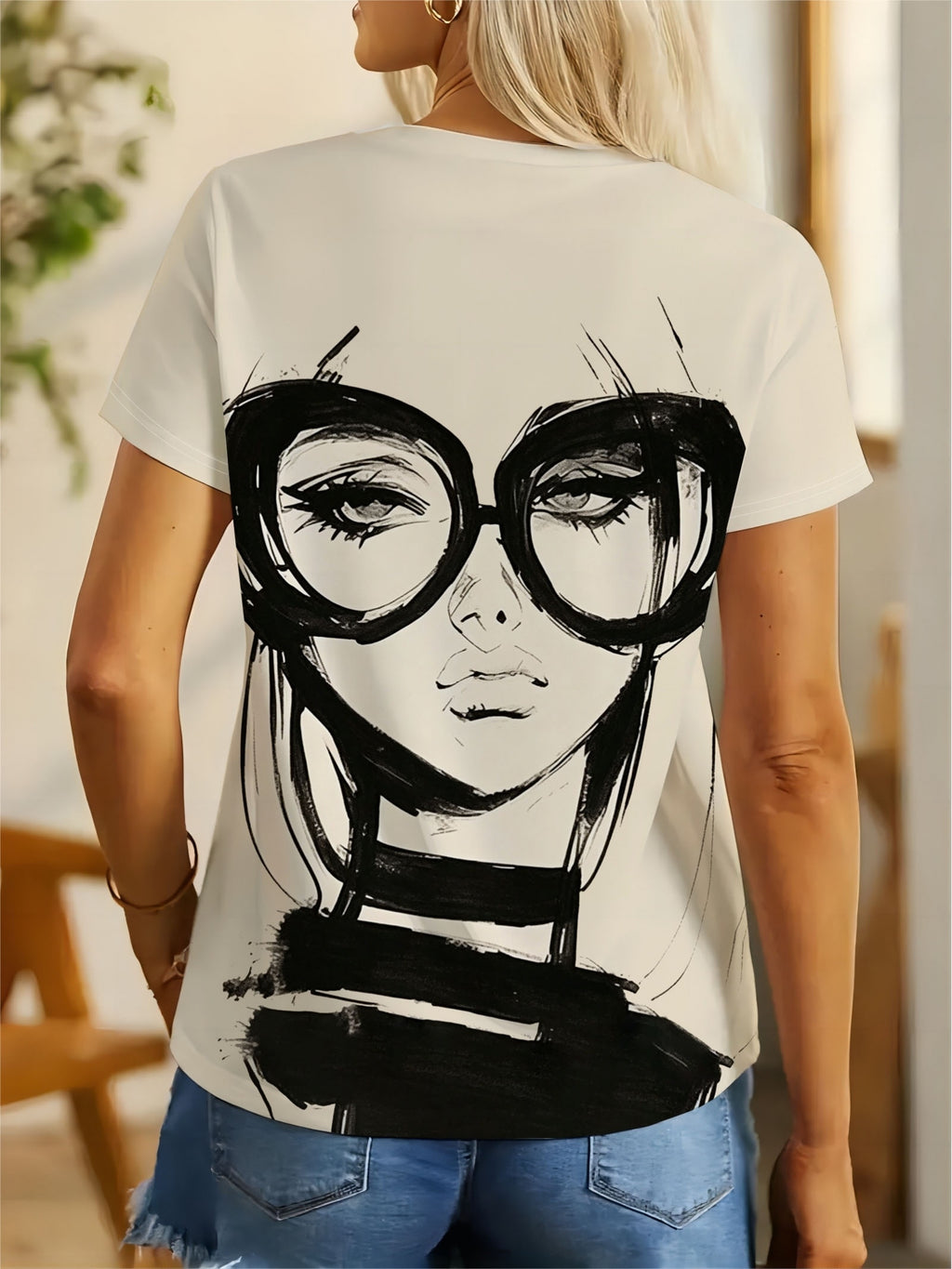 [Printed Design - Not Textured] Literary Ink Style Abstract Person with Glasses Print T-Shirt Women'S Easy Black And White Hand-Drawn Effect Design Loose Versatile Comfortable Casual Round Neck Short Sleeve Top Women'S T-Shirt - Khaki