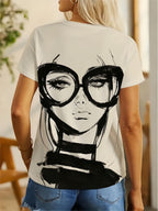 [Printed Design - Not Textured] Literary Ink Style Abstract Person with Glasses Print T-Shirt Women'S Easy Black And White Hand-Drawn Effect Design Loose Versatile Comfortable Casual Round Neck Short Sleeve Top Women'S T-Shirt - Khaki