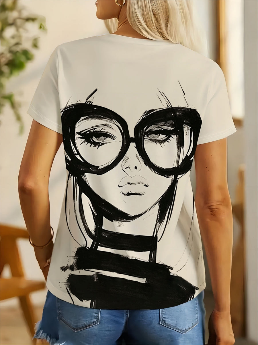 [Printed Design - Not Textured] Literary Ink Style Abstract Person with Glasses Print T-Shirt Women'S Easy Black And White Hand-Drawn Effect Design Loose Versatile Comfortable Casual Round Neck Short Sleeve Top Women'S T-Shirt - Khaki