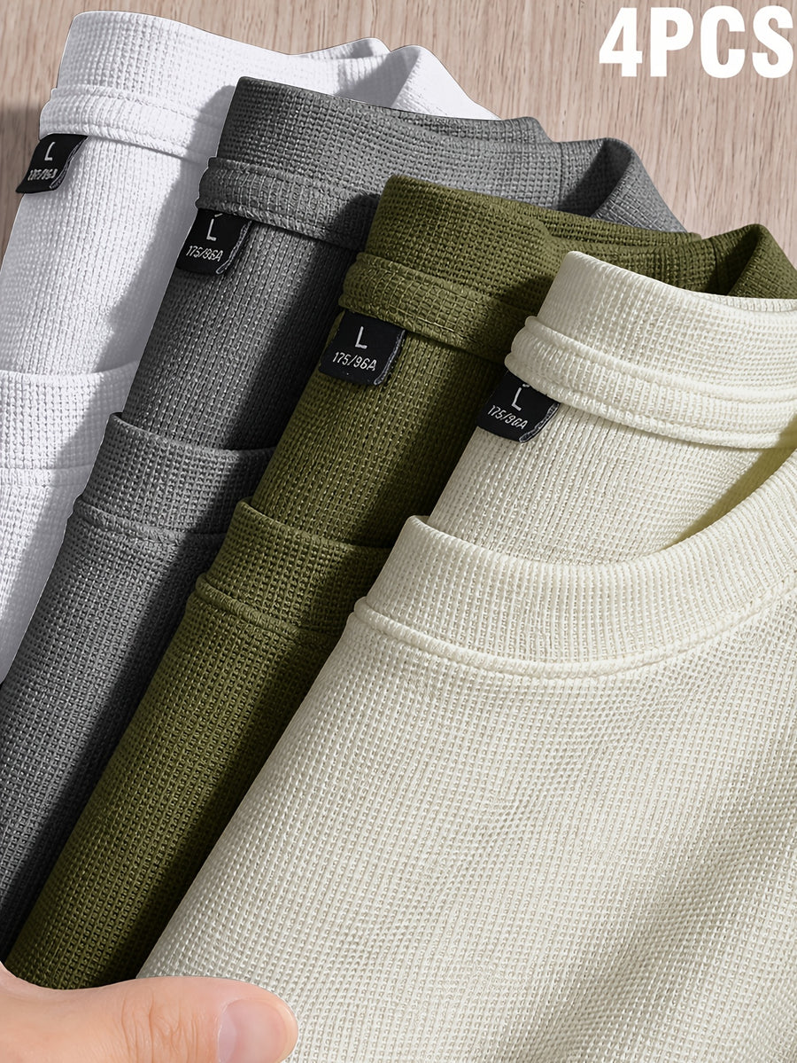 Versatile Summer Casual Small Waffle Grid Cool Short-Sleeved T-Shirt 4pcs Set - Apricot+Army Green+Medium Gray+White