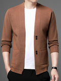 Du Jing Lan OBM Spring/Summer New Arrival Men's Knitted Cardigan, Old Money Style Solid Color V-Neck Long Sleeve Open Front Knit Cardigan, Men's Business Casual Fashion Single-Breasted Ribbed Sweater Jacket with Side Pockets, Suitable for Layering - Rust