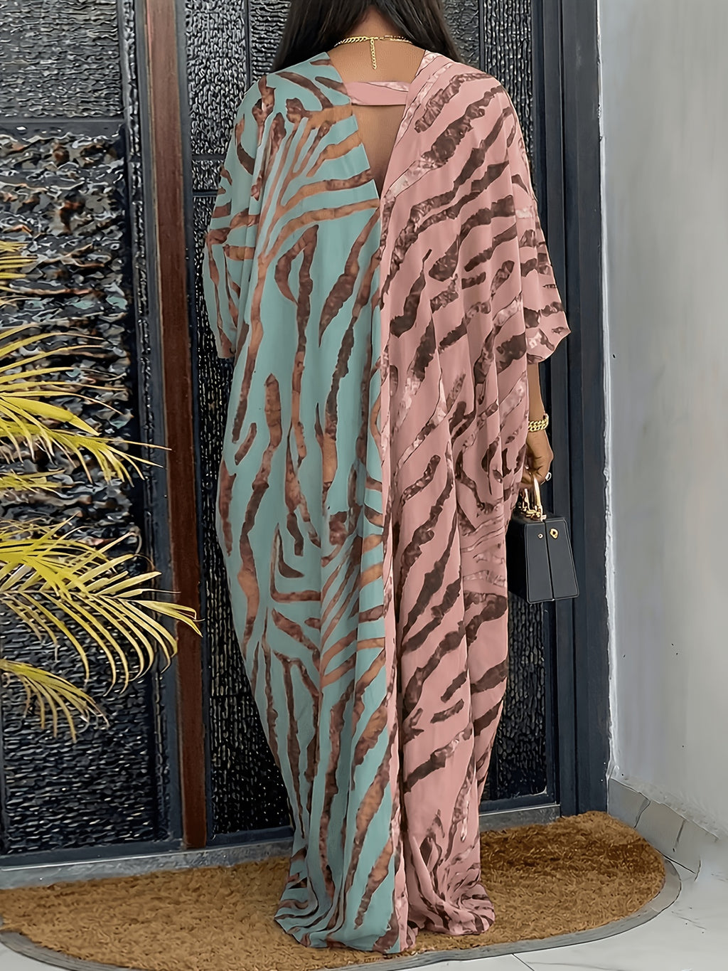 Women'S Zebra Print Contrast V-Neck Long Sleeve Dress - Spring New Loose Casual Vacation Style Maxi Dress - Mixed colors