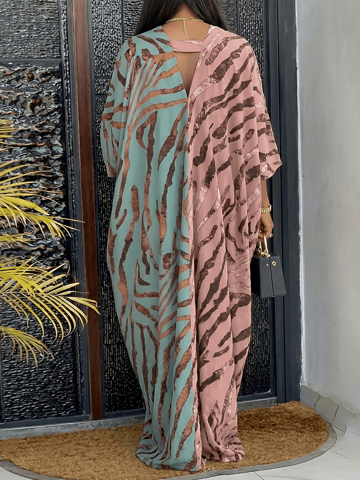 Women'S Zebra Print Contrast V-Neck Long Sleeve Dress - Spring New Loose Casual Vacation Style Maxi Dress - Mixed colors