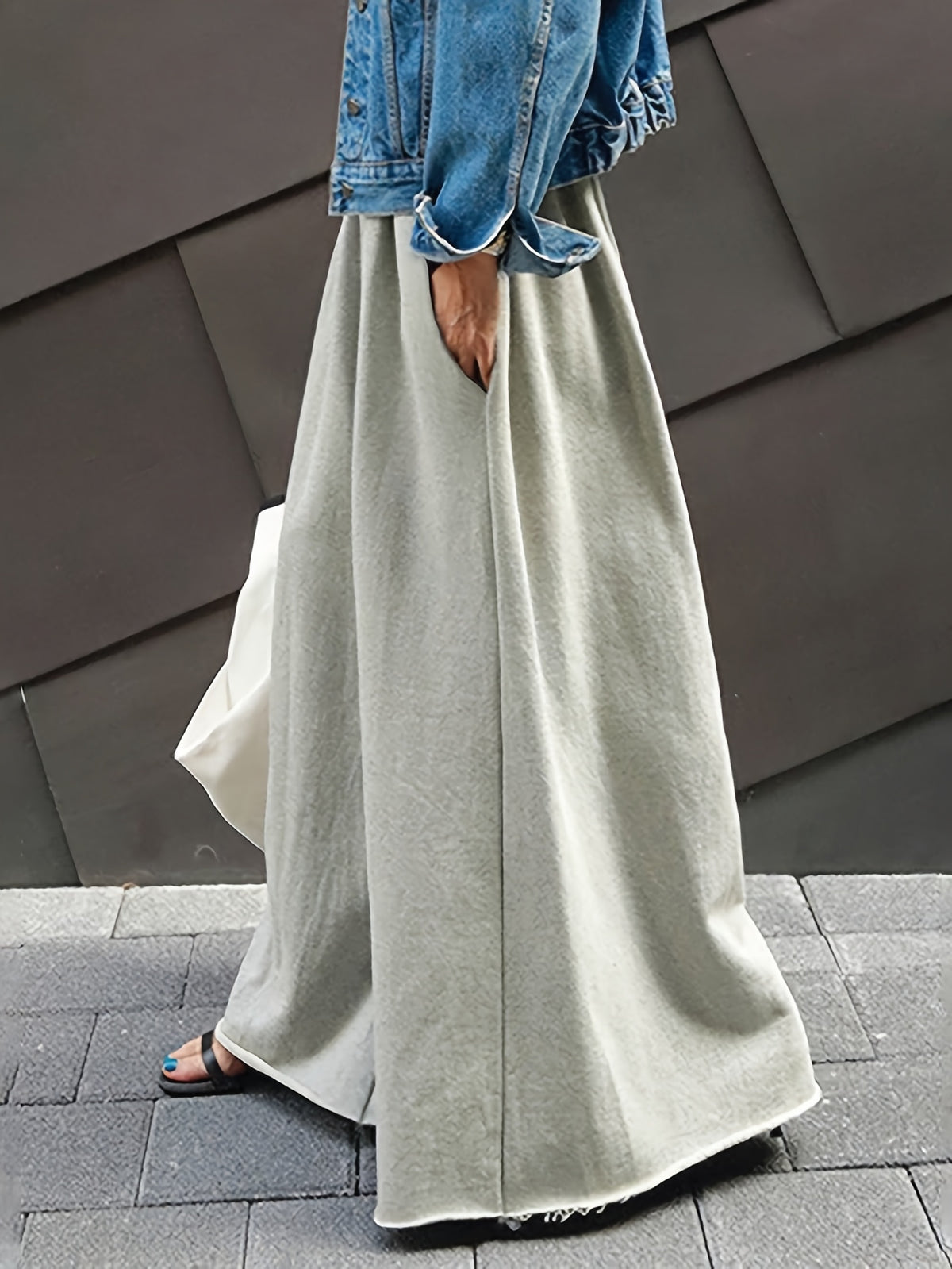 Casual Solid Drawstring Waist Wide Leg Pants - Grey