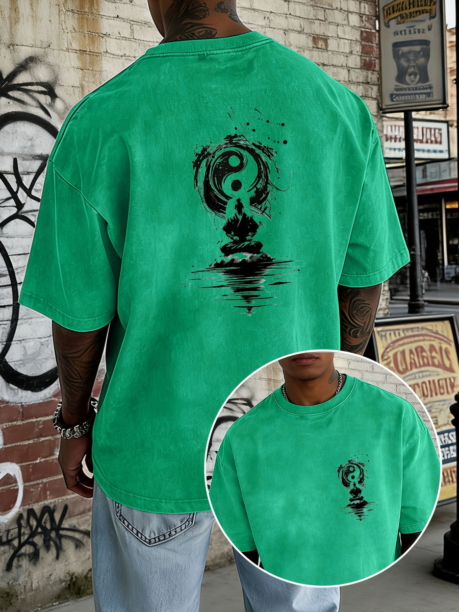 Washed and Distressed Pure Cotton Short-sleeve T-shirt with Trendy Double-sided Print Featuring Tai Chi, Zen, and Meditating Ink Wash Art. Available in 12 Colors for Mix-and-match Styling. Loose-fit Men's Top in High Street Y2K Style - Green