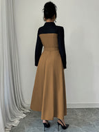 Fashionable Versatile Elegant Commute V-Neck Patchwork Contrast Solid Long Sleeve Waist-Cinching Belt Dress - Rust